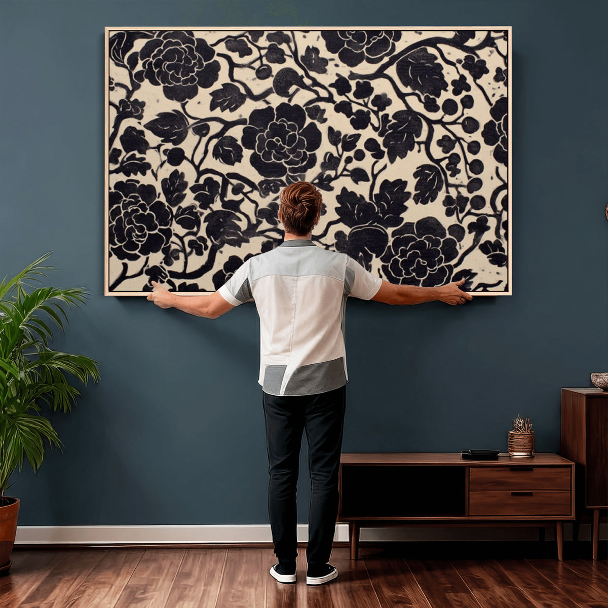 86696255-MGV-CV-36X24 - Vintage Black and Cream Floral Wall Art Canvas Print, Chinoiserie Botanical Painting Print