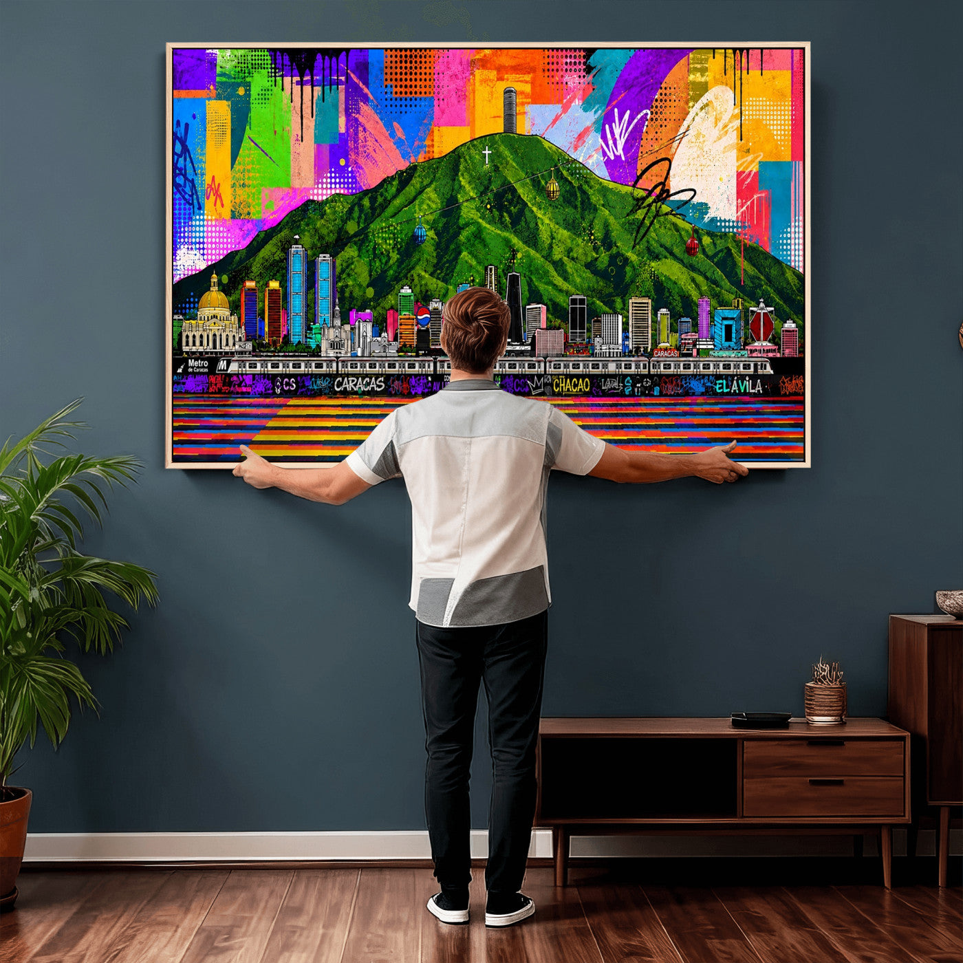 86696255-MGV-CV-36X24 - Mount Ávila, Caracas, Venezuela Wall Art Print by Artist Yorlette - Graffiti Caracas Skyline Canvas Art, Colorful Street Artwork - Venezuela El Avila Poster Print