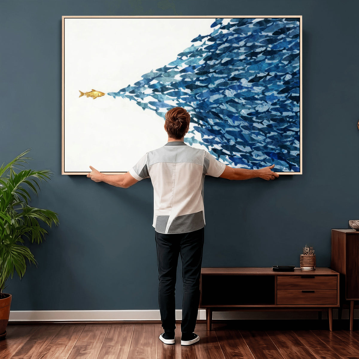 79089639-MGV-CV-36X24 - Abstract Blue Fish School Canvas Wall Art, Gold Foil Accent Marine Print