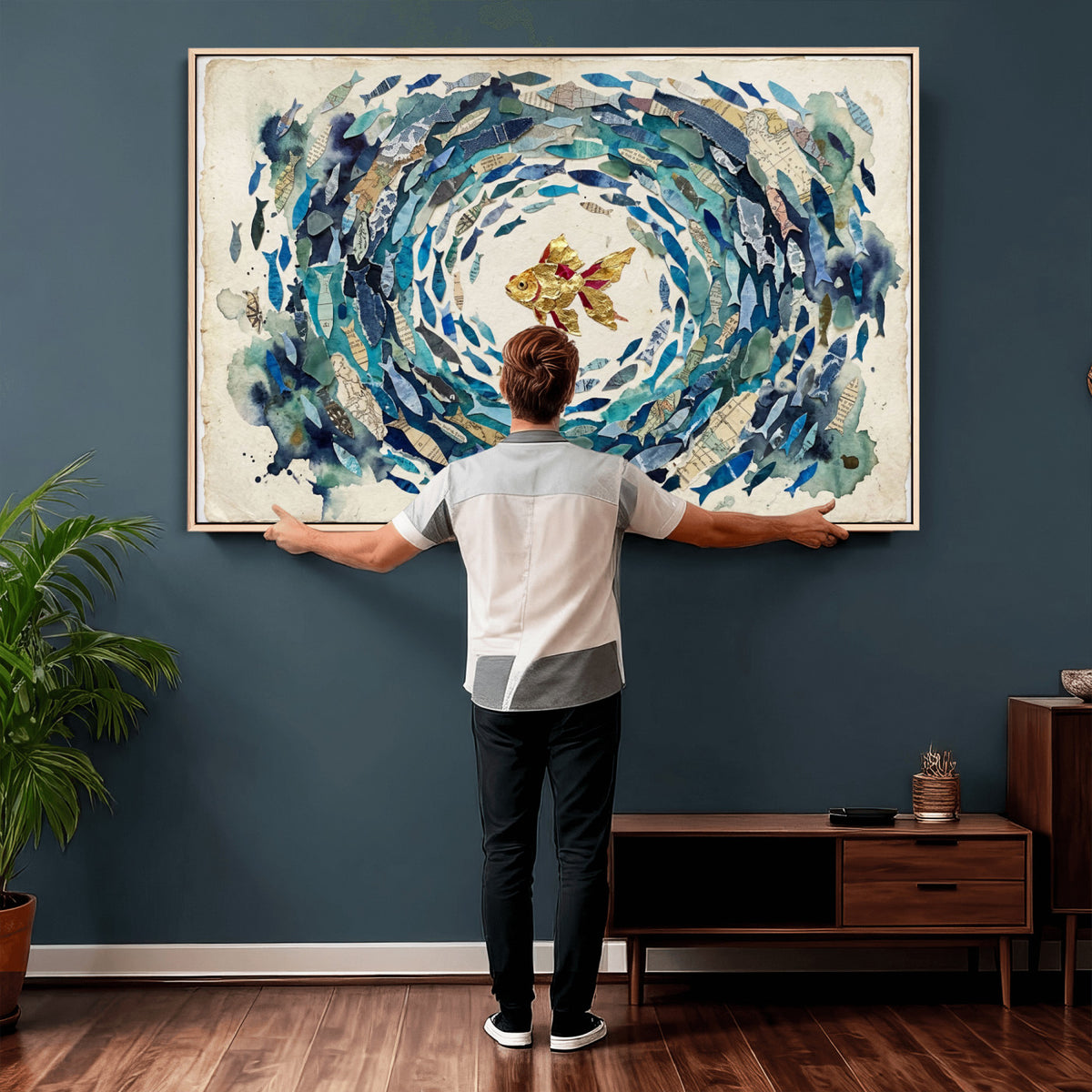 73165663-MGV-CV-36X24 - Mixed Media Blue Fish Swirl Canvas Wall Art, Goldfish Collage Ocean Print