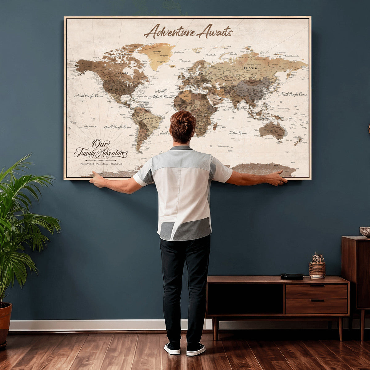 84865191-MGV-CV-36X24 - Our Family Adventures Push Pin World Map Wall Art Canvas Print - Family Travel Tracker Map with Pins