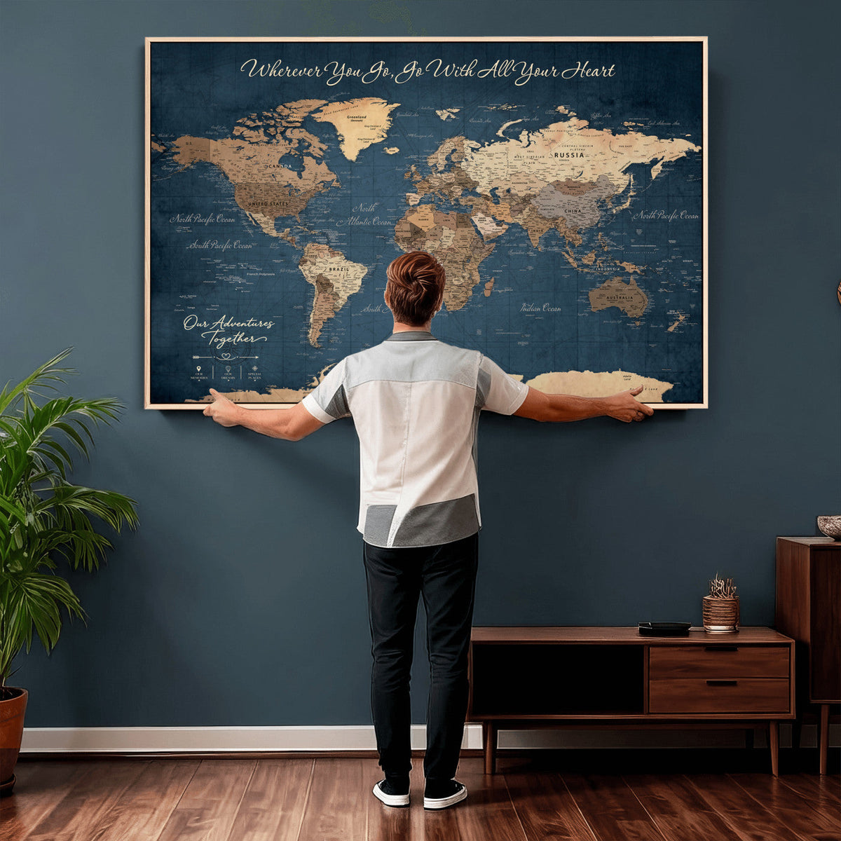 86810631-MGV-CV-36X24 - Our Family Adventures Push Pin World Map Wall Art Canvas Print - Family Travel Tracker Map with Pins