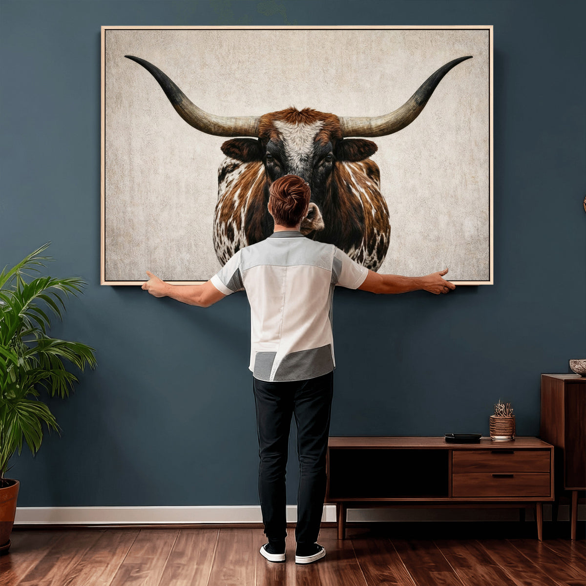 58622065-_Poster-30x20 - Texas Longhorn Canvas Wall Art, Western Bull in a Moody Grey Desert, Rustic Farmhouse Decor for Living Room