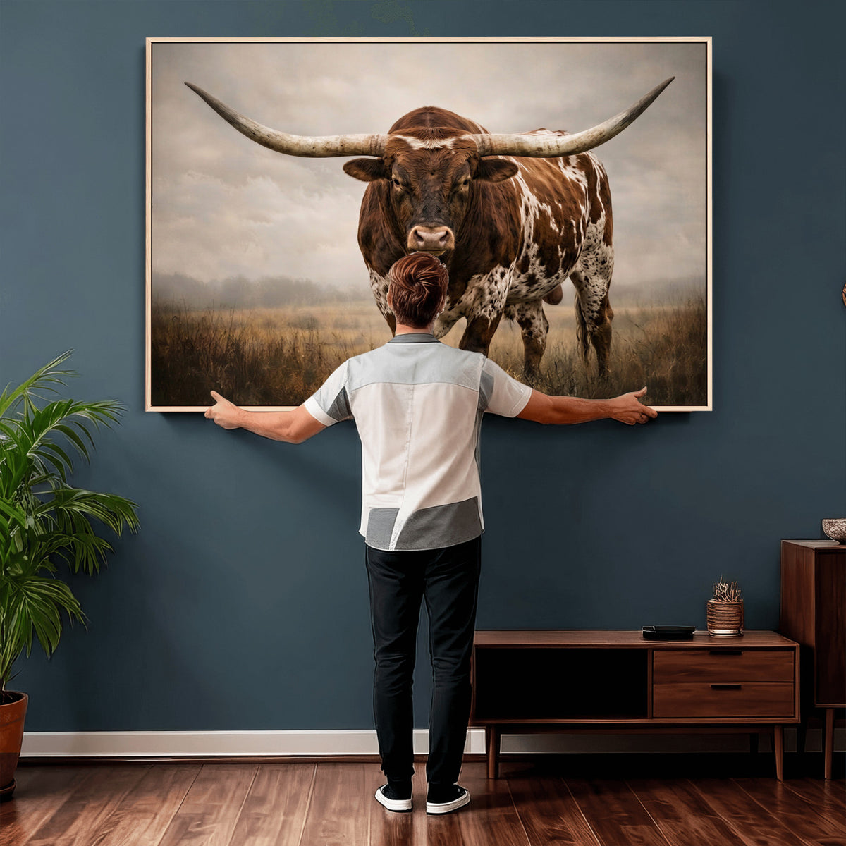 25239047A-MGV-CV-36X24 - Texas Longhorn Canvas Wall Art Western Bull Desert Moody Grey Overcast Rustic Farmhouse Framed Large for Living Room Bedroom Office Decor