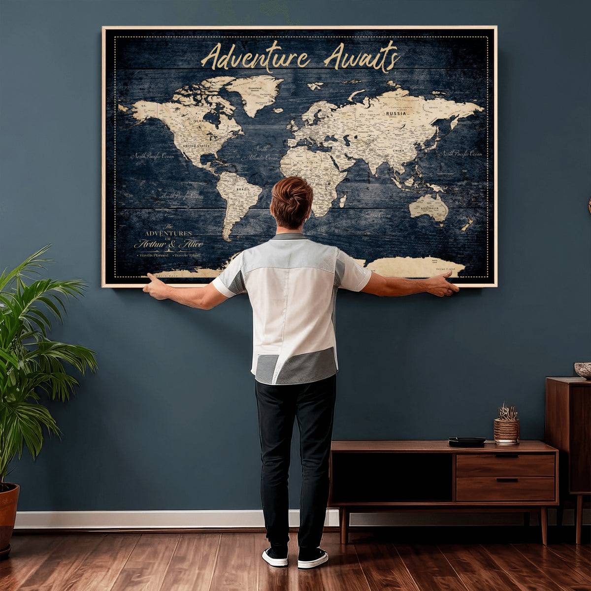 68817382-MGV-CV-36X24 - Extra Large Vintage Personalized Push Pin World Map Wall Art Canvas Print