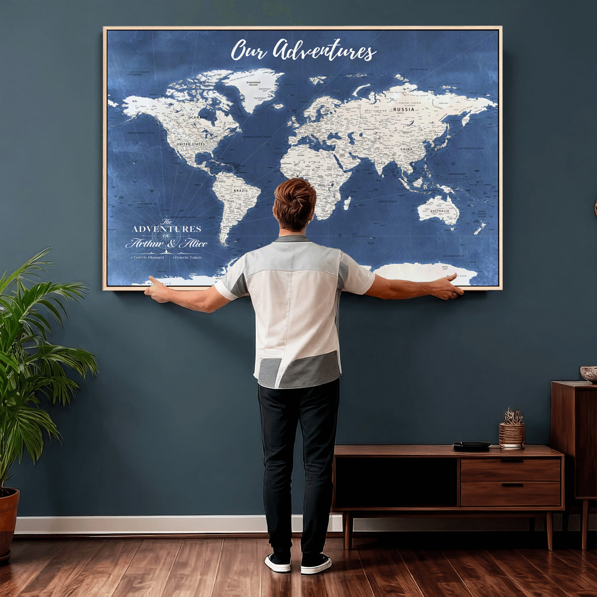 75405527-MGV-CV-36X24 - Extra Large Framed Personalize Push Pin World Map Wall Art Canvas Print for Travel Tracking