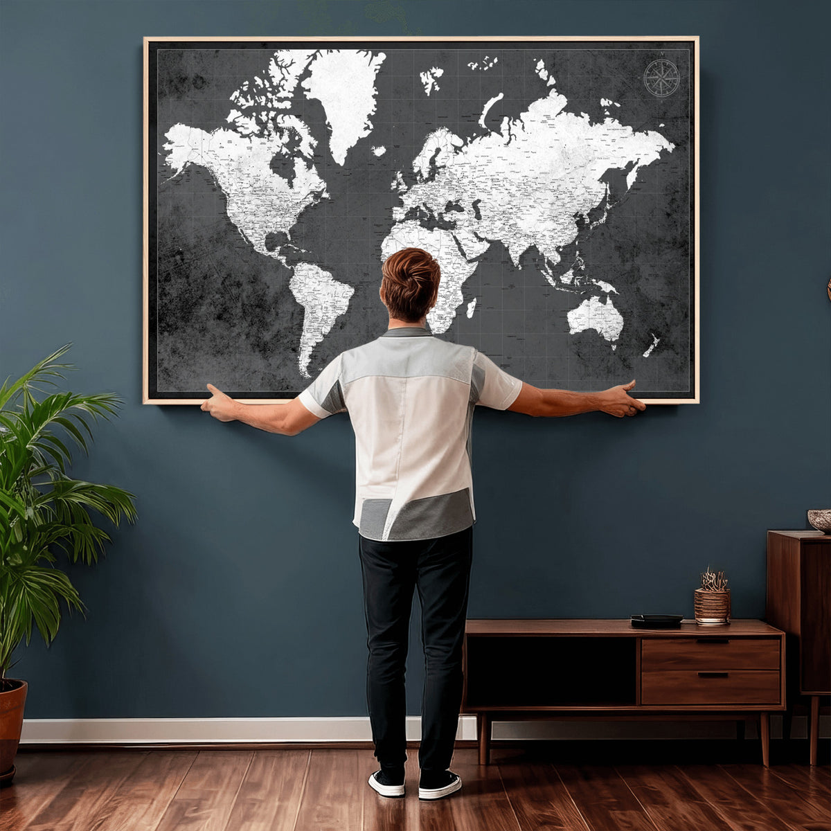 78574966-MGV-CV-36X24 - Extra Large Framed Personalize Push Pin World Map Wall Art Canvas Print for Travel Tracking