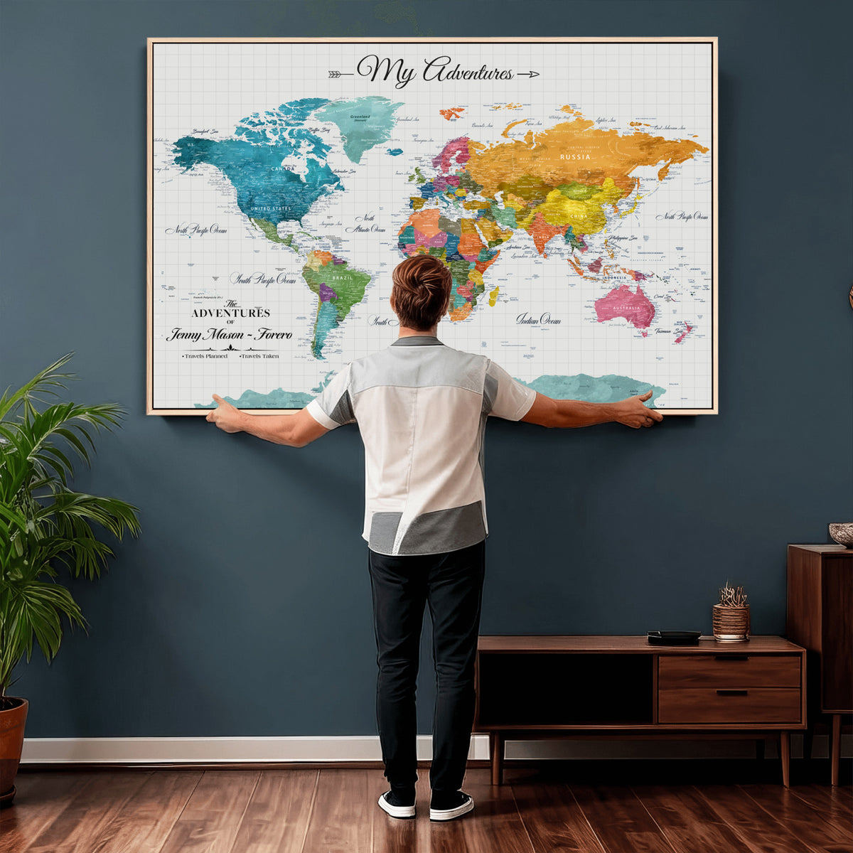 66743043-MGV-CV-36X24 - Extra Large Framed Personalize Push Pin World Map Wall Art Canvas Print for Travel Tracking