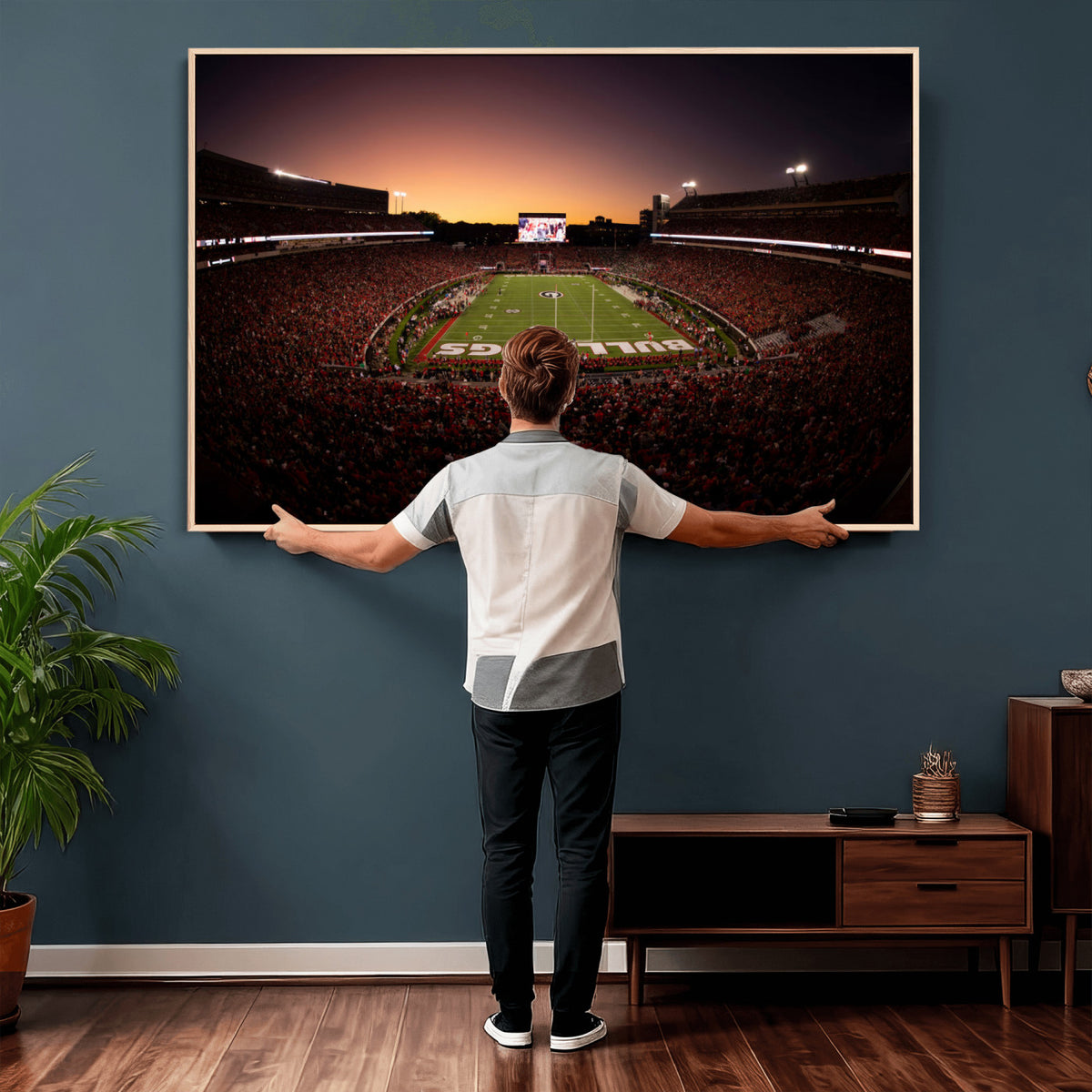 97720998-_Poster-30x20 - Georgia Bulldogs Stadium Sunset Canvas Print 3 Piece Framed Wall Art Extra Large Floating Frame Sports Poster Made in USA