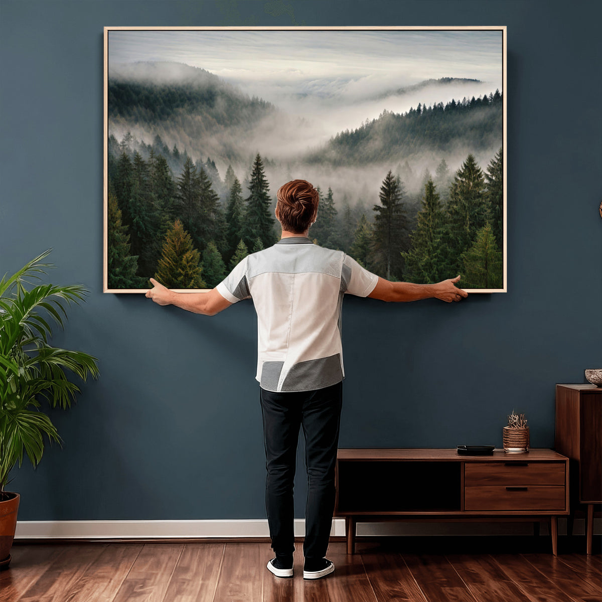 38409495-_Poster-30x20 - Misty Pine Valley Mountain Canvas Print 3 Piece Framed Wall Art Extra Large Floating Frame Nature Poster Made in USA