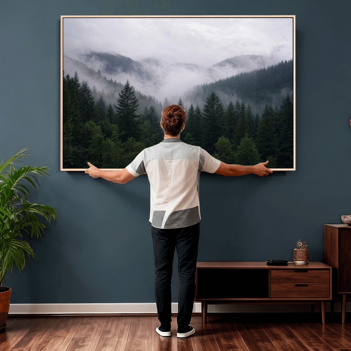 25432119-_Poster-30x20 - Misty Mountain Pine Forest Canvas Print 3 Piece Framed Wall Art Extra Large Floating Frame Nature Poster Made in USA