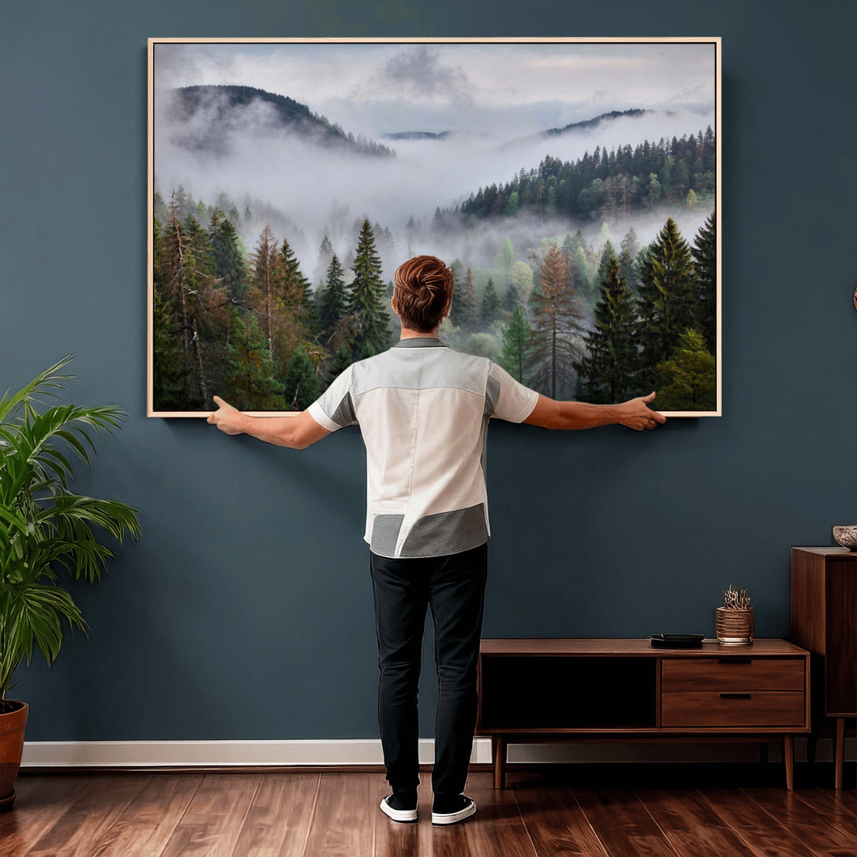 18735847-_Poster-30x20 - Foggy Pine Forest Mountain Canvas Print 3 Piece Framed Wall Art Extra Large Floating Frame Nature Poster Made in USA