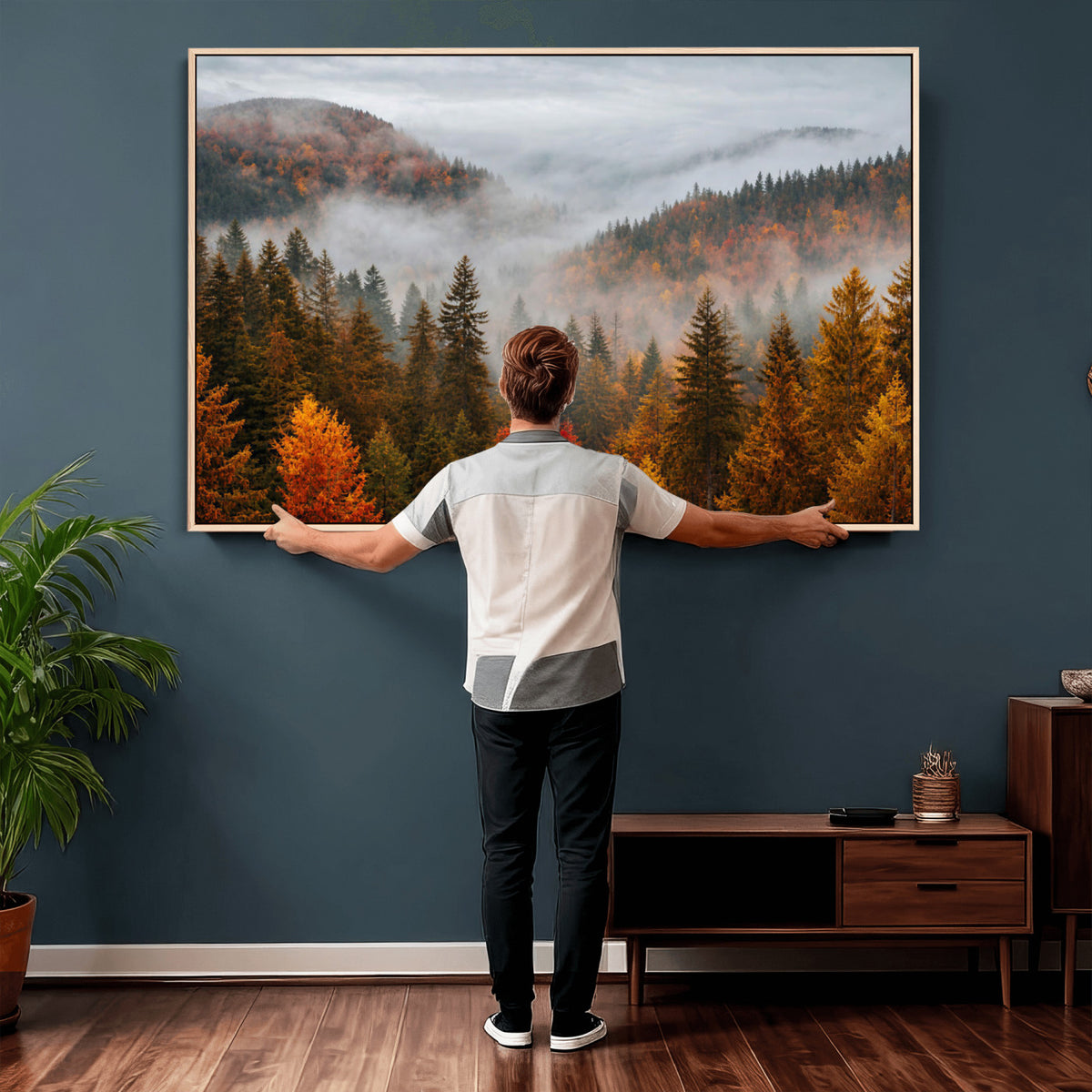87481341-_Poster-30x20 - Foggy Autumn Mountain Canvas Print Smoky Pine Forest Wall Art Panoramic Nature Poster 3 Piece Made in USA