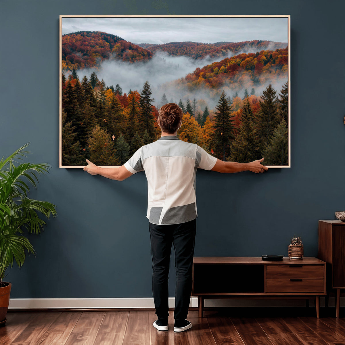 26686263-_Poster-30x20 - Misty Autumn Forest Mountain Canvas Print 3 Panel Wall Art Gallery Wrapped Floating Frame Poster Made in USA