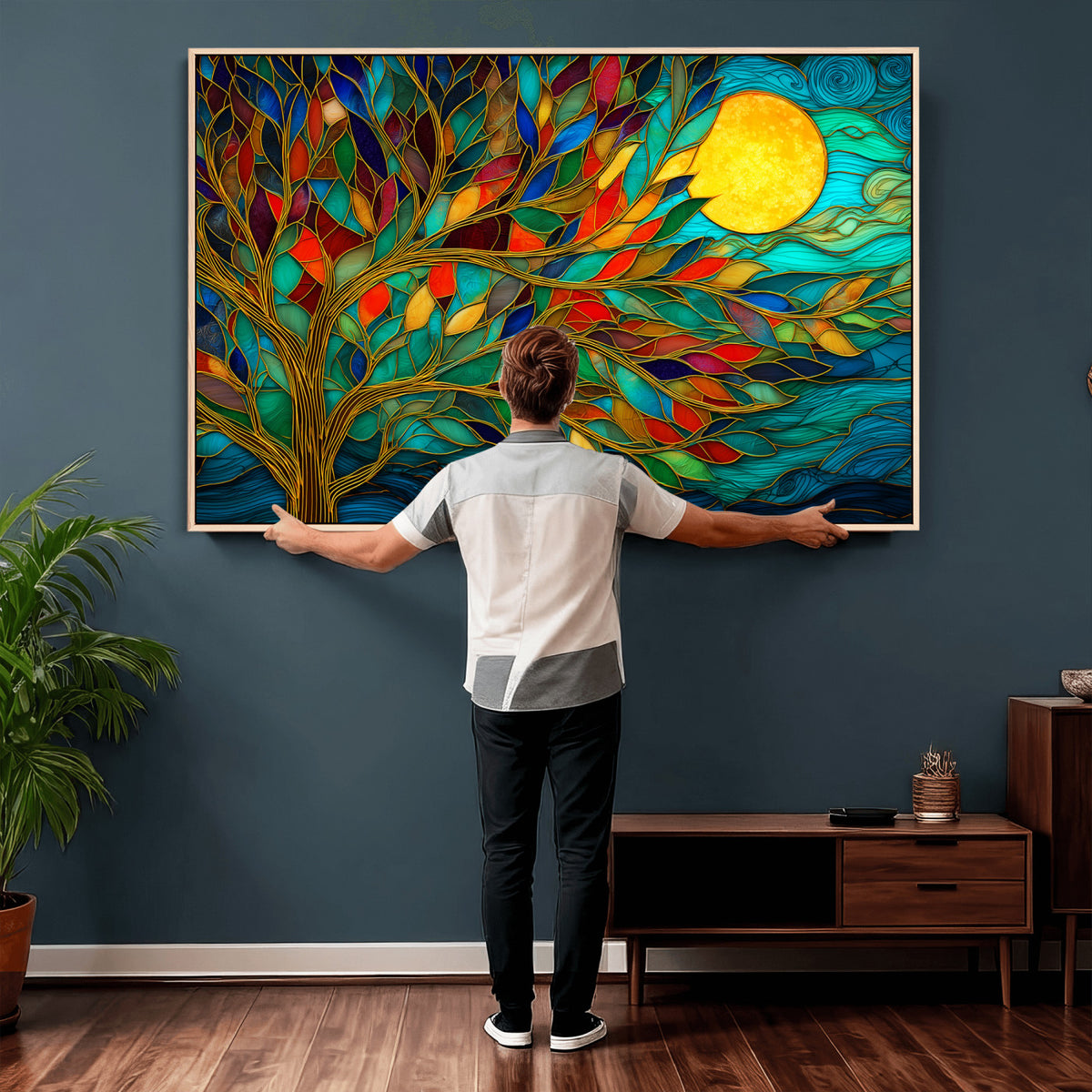11877152-MGV-CV-36X24 - Stained Glass Tree Of Life Wall Art - Vibrant Mosaic Nature Home Decor