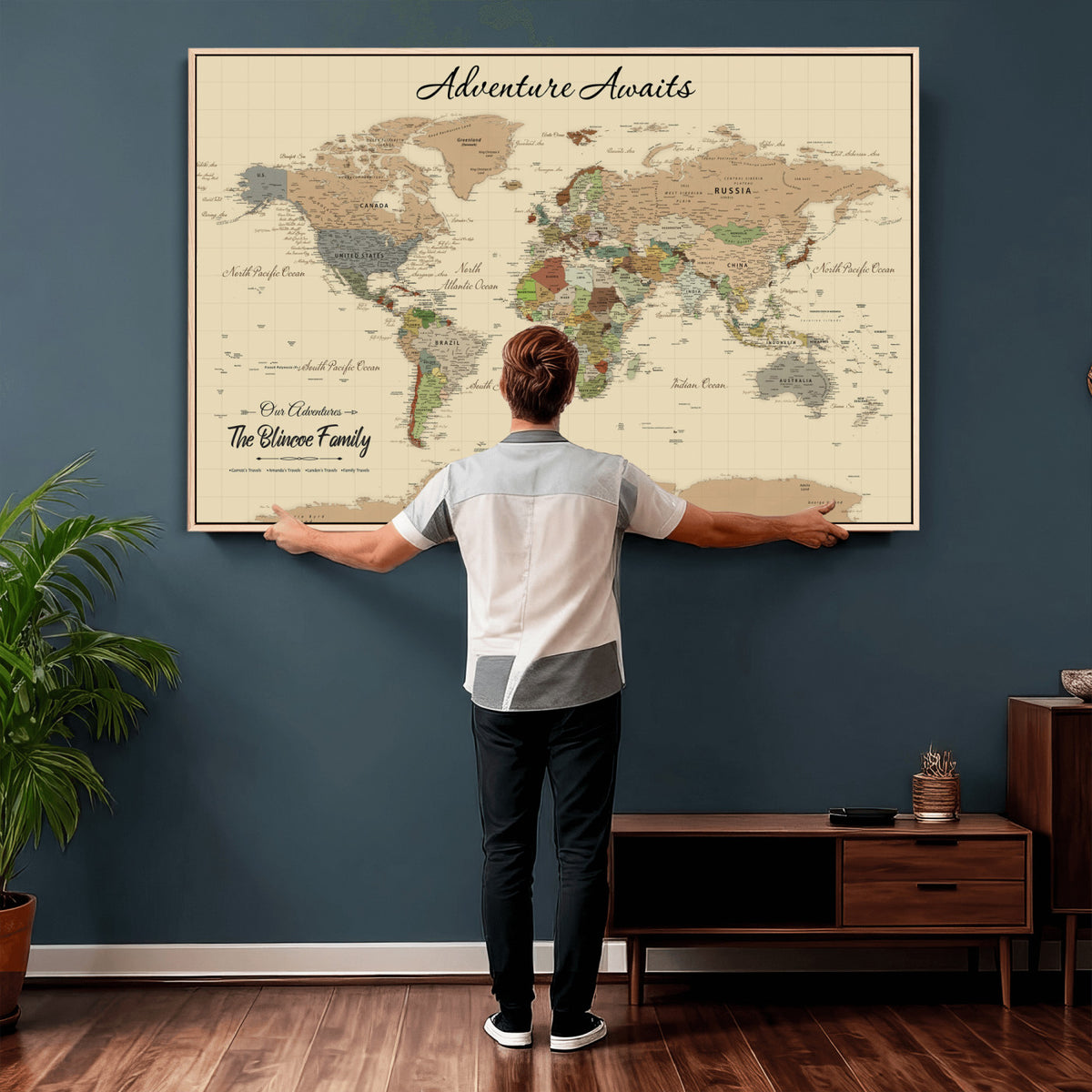 25730261D-MGV-CV-36X24 - Custom Push Pin World Map Wall Art Canvas Print | Personalized Travel Tracker with Pins Framed Large for Home and Office Decor