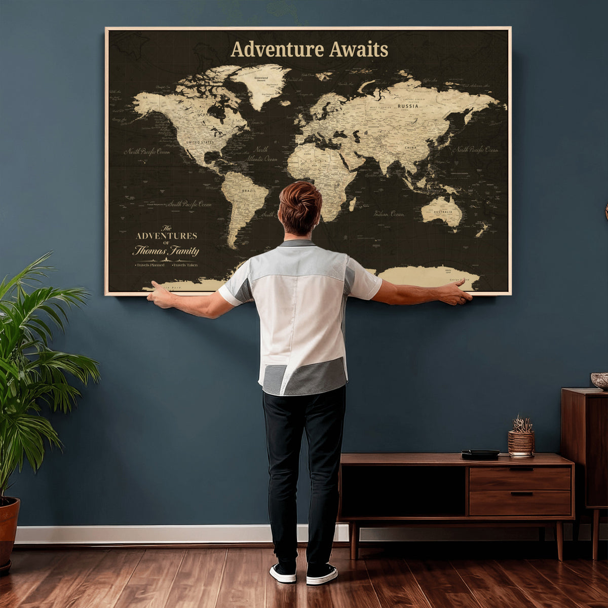 47597338D-MGV-CV-36X24 - Custom Push Pin World Map Wall Art Canvas Print | Personalized Travel Tracker with Pins Framed Large for Home and Office Decor