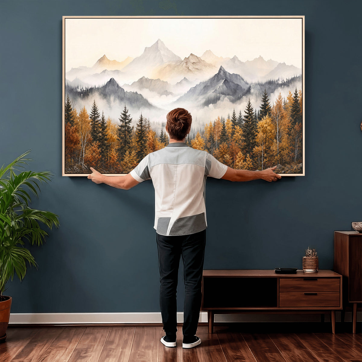 19544118-MGV-TP-30X20 - Misty Mountain Autumn Forest Canvas Wall Art - Watercolor Fall Nature Landscape Print