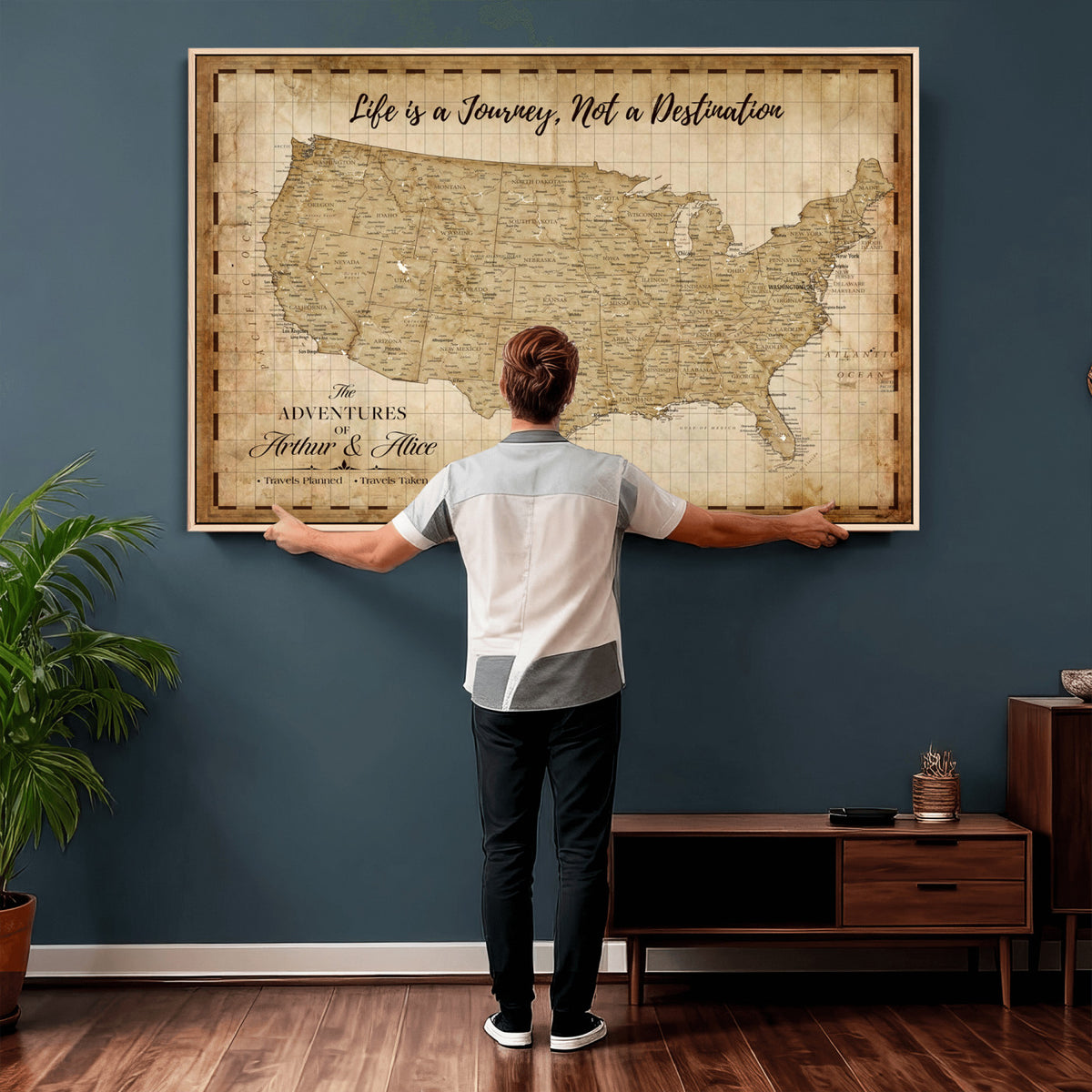 90686209-MGV-CV-36X24 - Custom USA Push Pin Travel Map Canvas Wall Art - Personalized Couples Gift Flat Digital Print