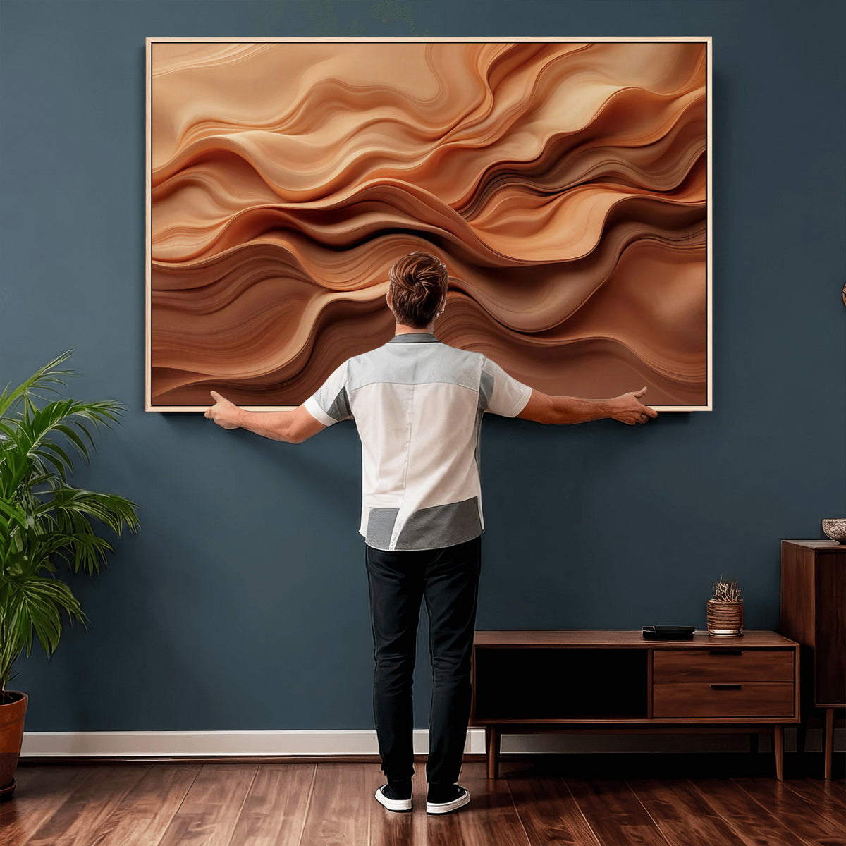 82230697-MGV-CV-36X24 - Modern Abstract Fluid Waves Canvas Wall Art - Minimalist Warm Terracotta Beige Sand Print