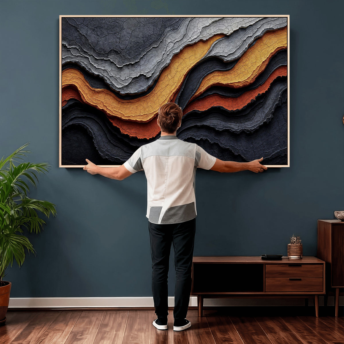 59852489-MGV-CV-36X24 - Abstract Waves Canvas Wall Art - Modern Terracotta and Charcoal Gray Print