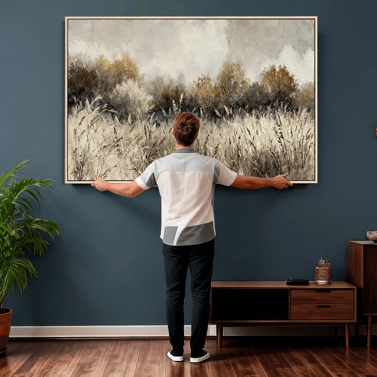 53959945-MGV-TP-30X20 - Muted Neutral Forest Landscape Canvas Wall Art - Vintage Rustic Wildflower Meadow Print