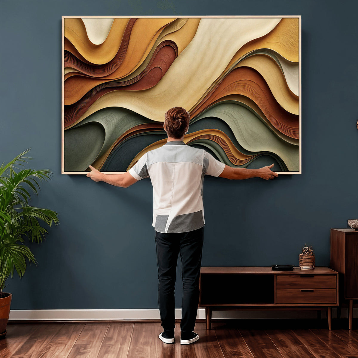 19337902-MGV-CV-36X24 - Modern Abstract Waves Canvas Wall Art - Minimalist Earthy Tone Living Room Decor
