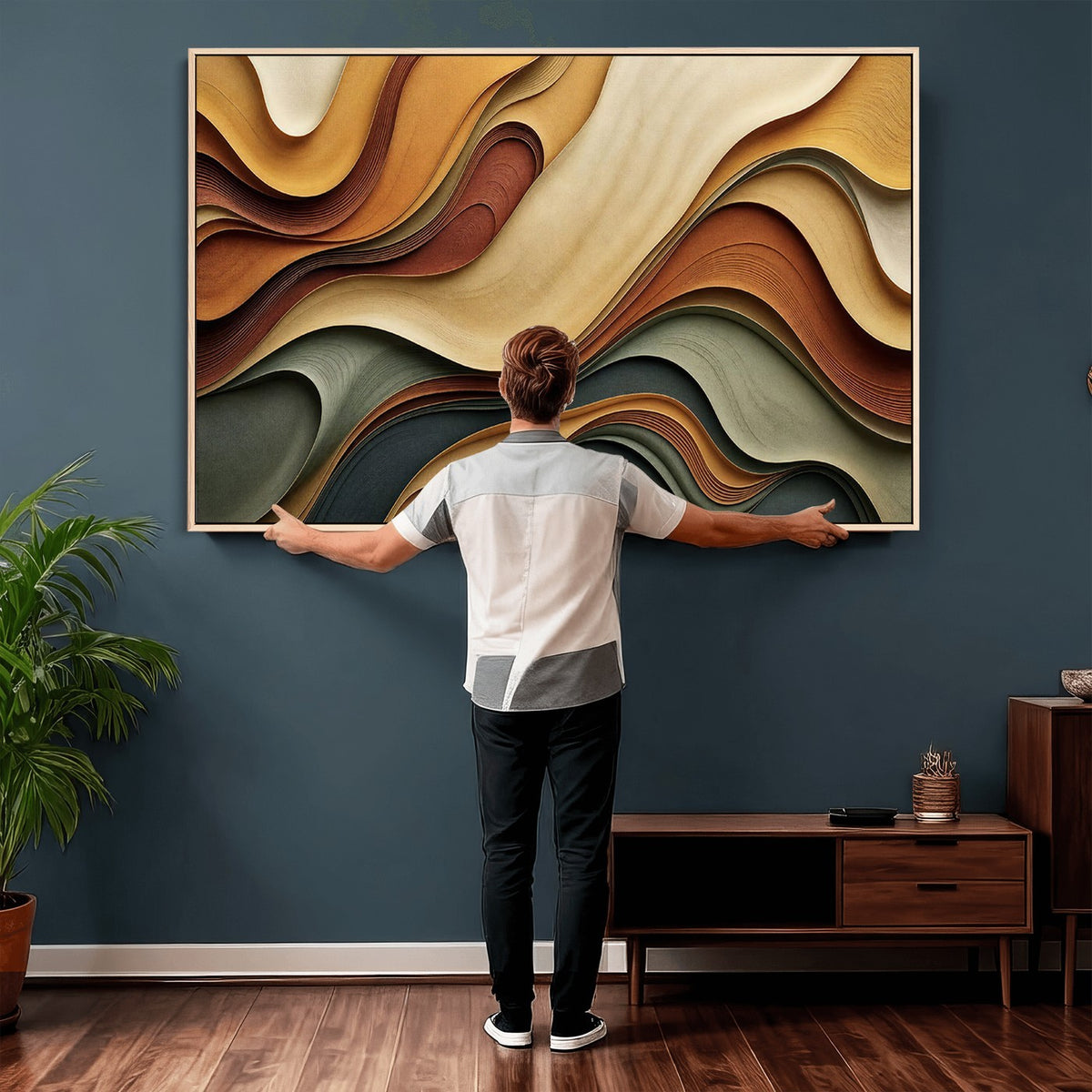 19337902-_Poster-30x20 - Modern Abstract Waves Canvas Wall Art - Minimalist Earthy Tone Living Room Decor