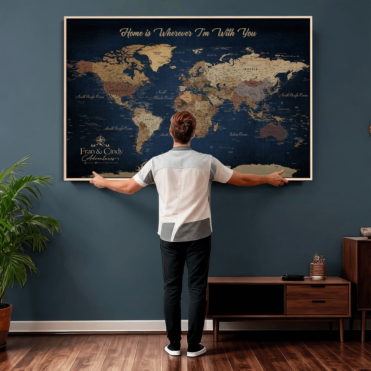 57774467-MGV-CV-36X24 - Custom Framed Deep Blue Geometric Push Pin World Map Wall Art, Next Trip Planner Map, Family Room and Hallway Decor