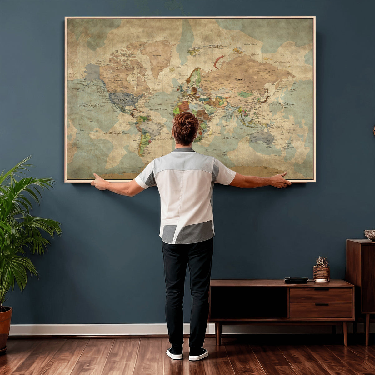 20795898D-MGV-CV-36X24 - Custom Push Pin World Map Wall Art Canvas Print – Personalized Travel Tracker with Pins Framed Large for Home and Office Decor