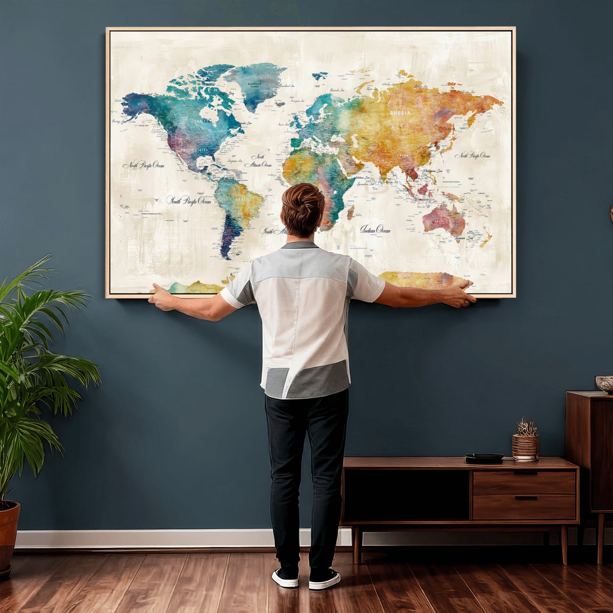 53654999D-MGV-CV-36X24 - Custom Push Pin World Map Wall Art Canvas Print – Personalized Travel Tracker with Pins Framed Large for Home and Office Decor