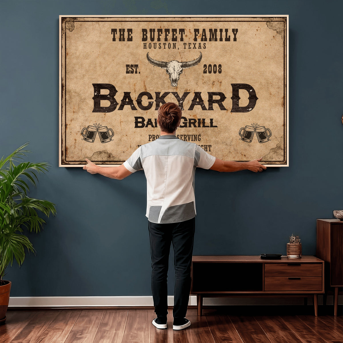 Custom Backyard Bar & Grill Sign Canvas, Personalized Family Name Sign
