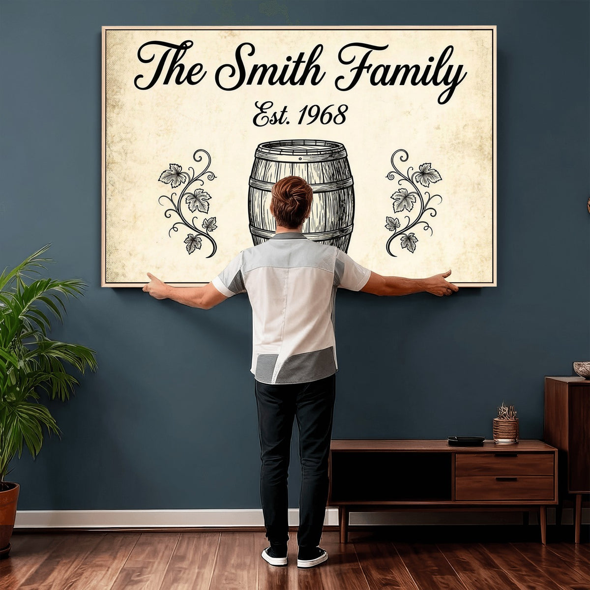 Personalized established sign with black script family name, print option