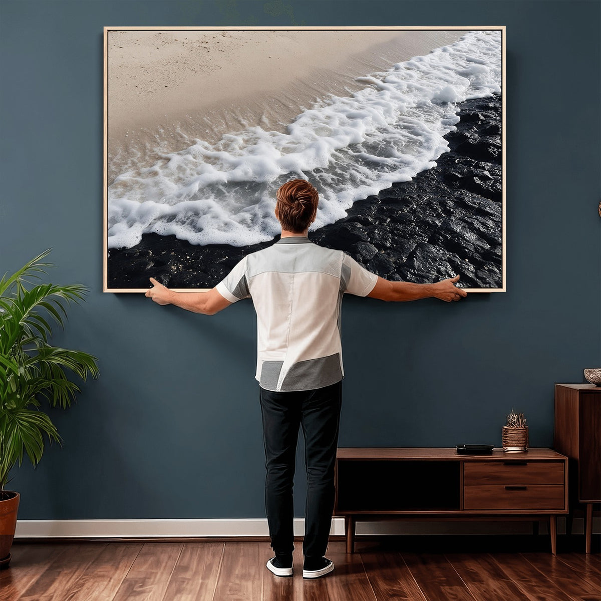 27448606-MGV-CV-24X16 - Ocean Wave Foam on Black Lava Rock Beach Canvas Wall Art Print