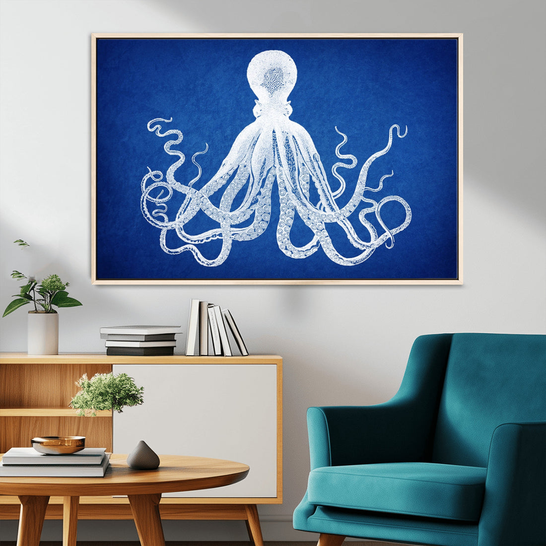 Large 3-Panel Blue Octopus Canvas Wall Art | Coastal Marine Life Art