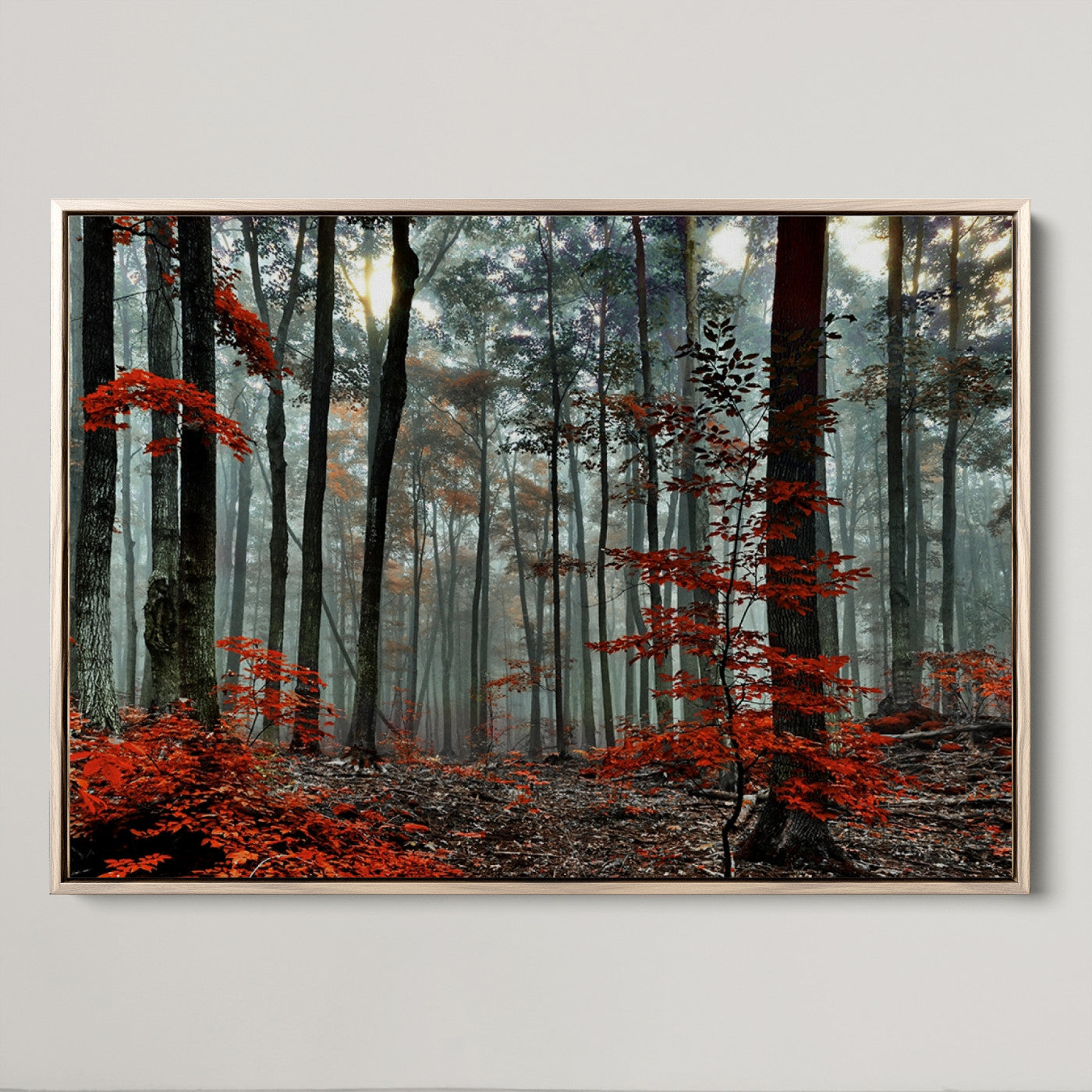 59209-MGV-CV-36X24-Autumn Forest Canvas Wall Art – Enchanting Red Leaves Triptych Print – Nature-Inspired Decor for Living Room or Office – Ready to Hang
