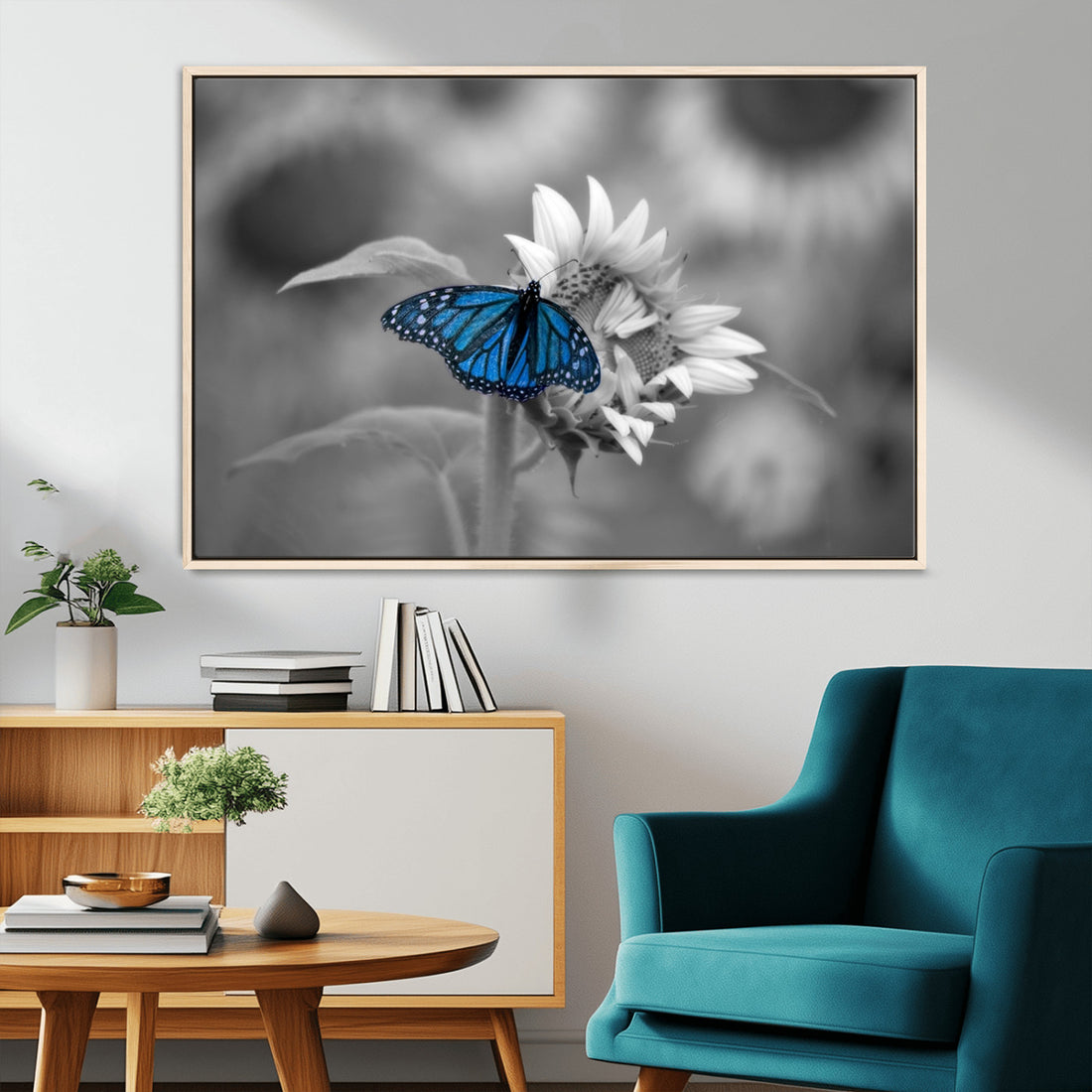 Blue Butterfly Black and White Canvas Wall Art