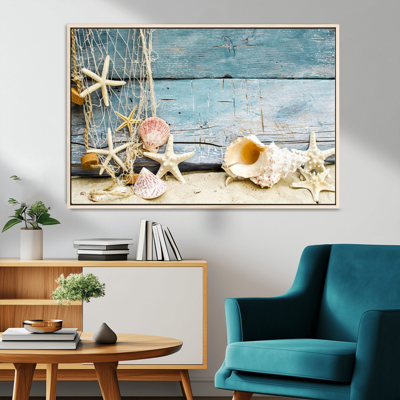MGV-FC-36X24 - Seashells on Rustic Wooden Background, Seashells Wall Art Canvas Print