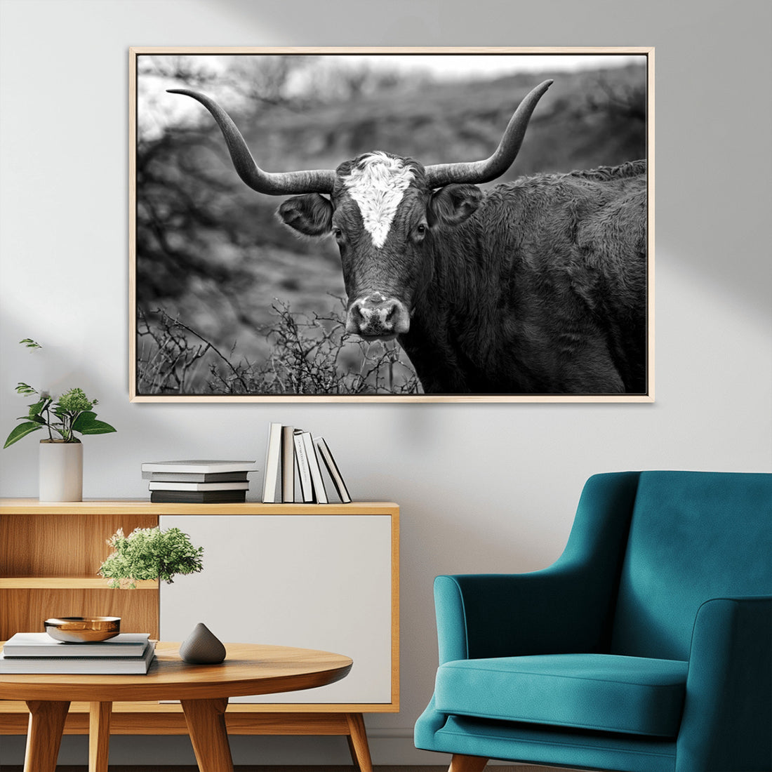 Western Home Wall Art Canvas Print, Framed Texas Longhorn Art | Rustic Cow Farmhouse Decor