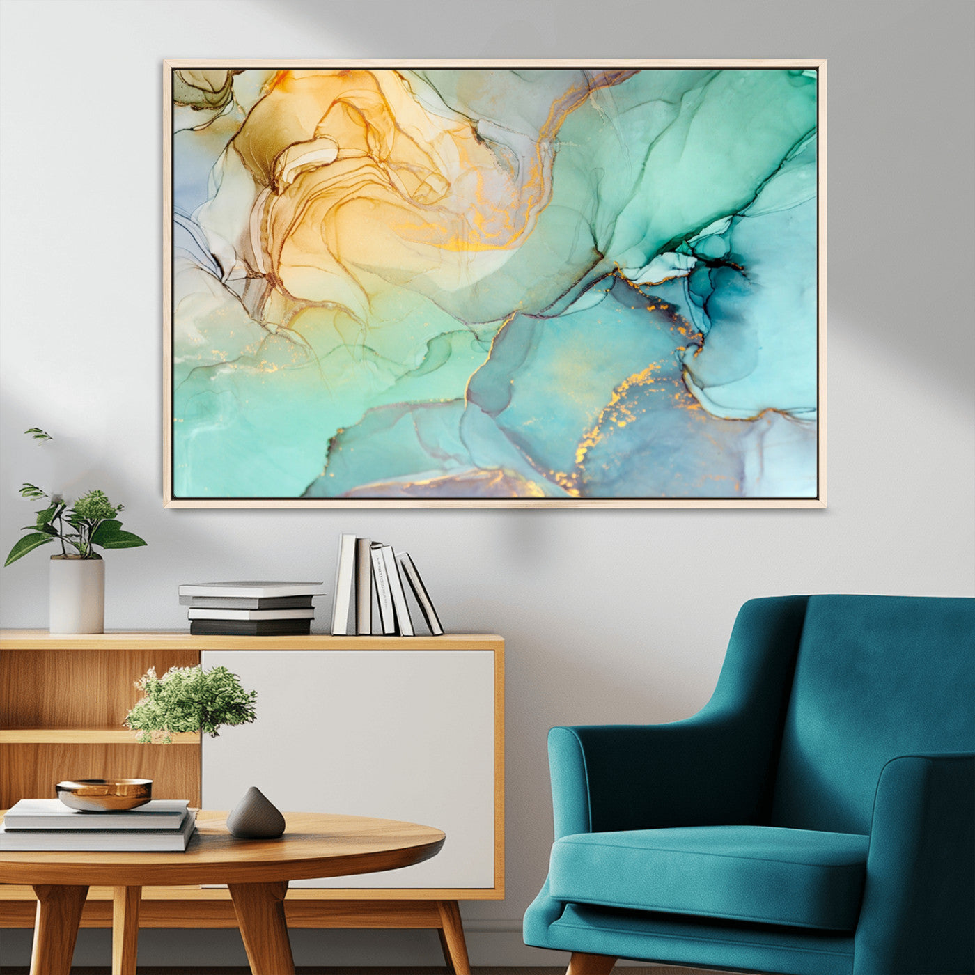 MGV-FC-36X24 - Abstract Aqua and Gold Fluid Wall Art Canvas | 3 Panel Large Canvas Print for Living Room, Office,