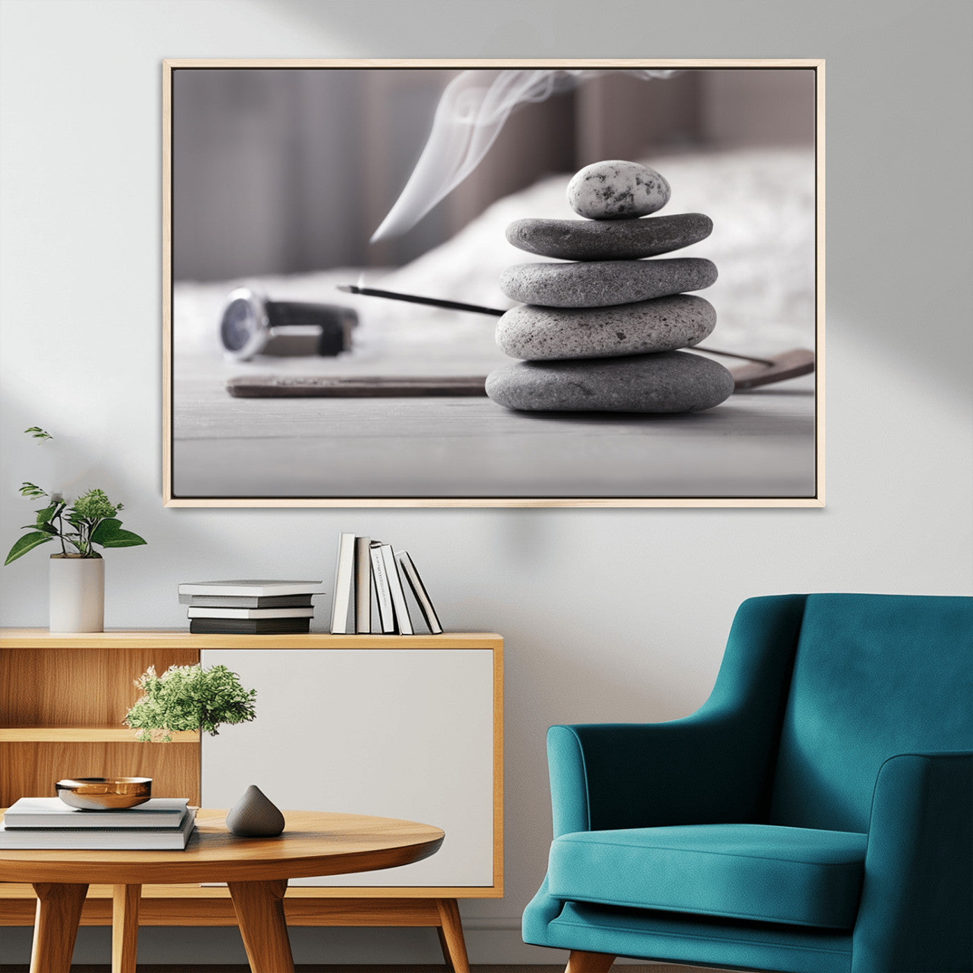 MGV-FC-36X24 - Burning Incense and Zen Stones Buddhism Wall Art, Zen Stones Wall Art Canvas Print