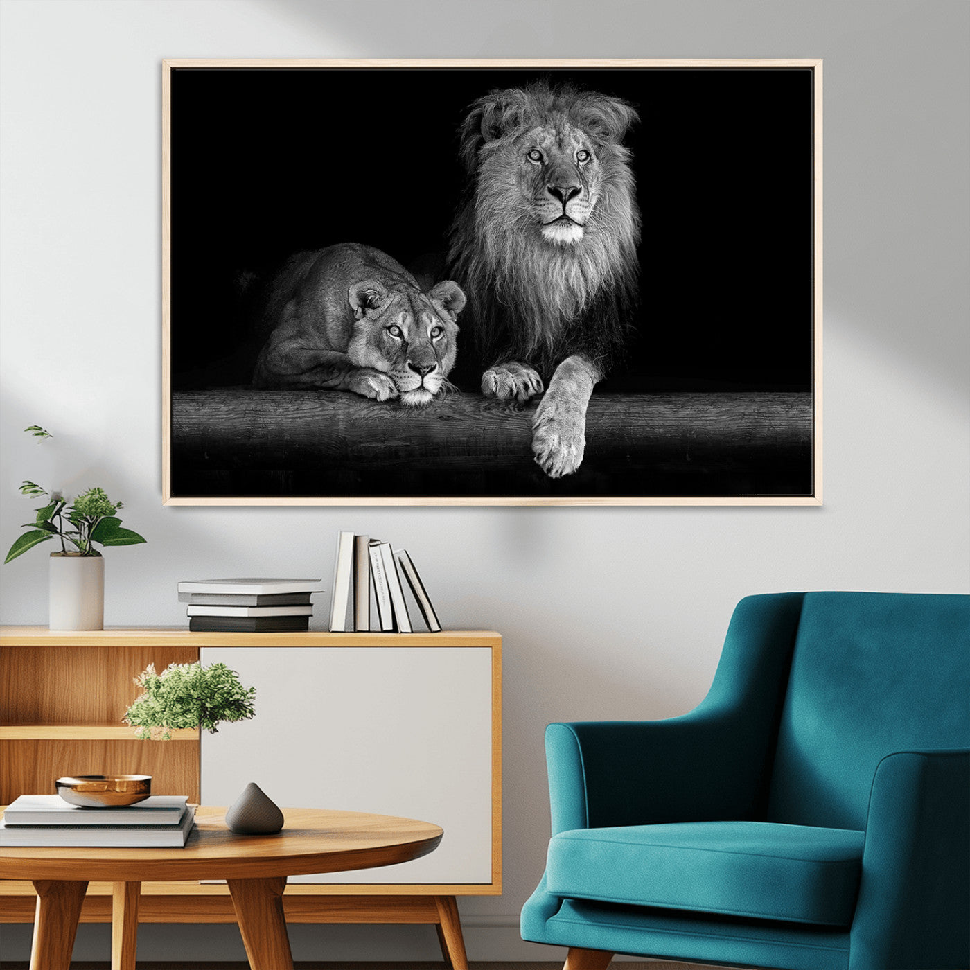 MGV-FC-36X24 - Large Black and White Lion Couple Wall Art Canvas Print
