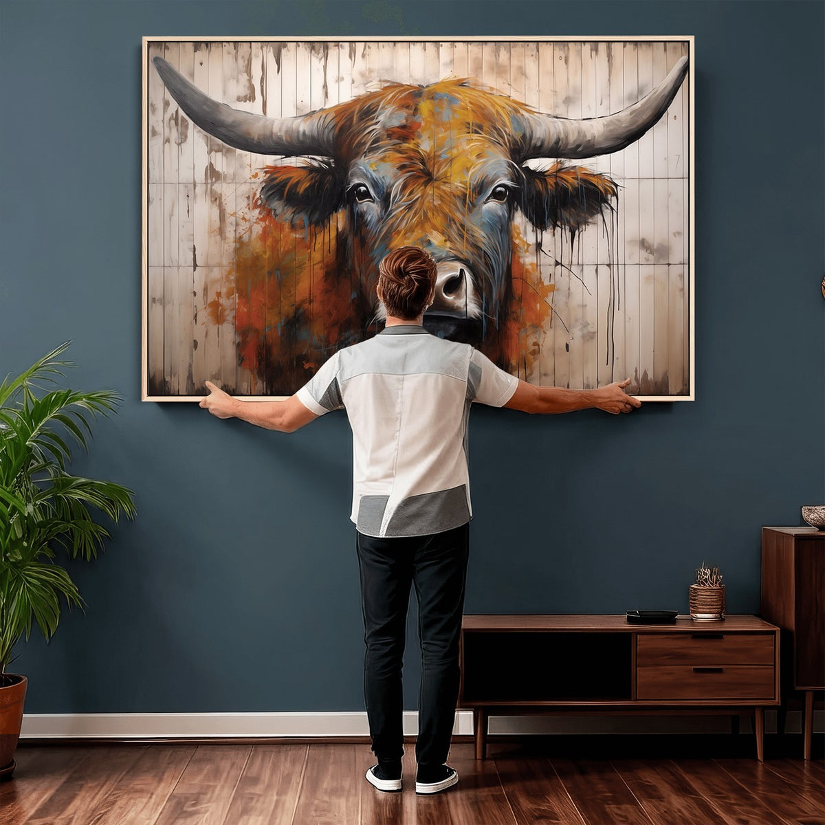 47284-MGV-CV-24X16 - Abstract Bull Highland Cow Canvas Wall Art Print