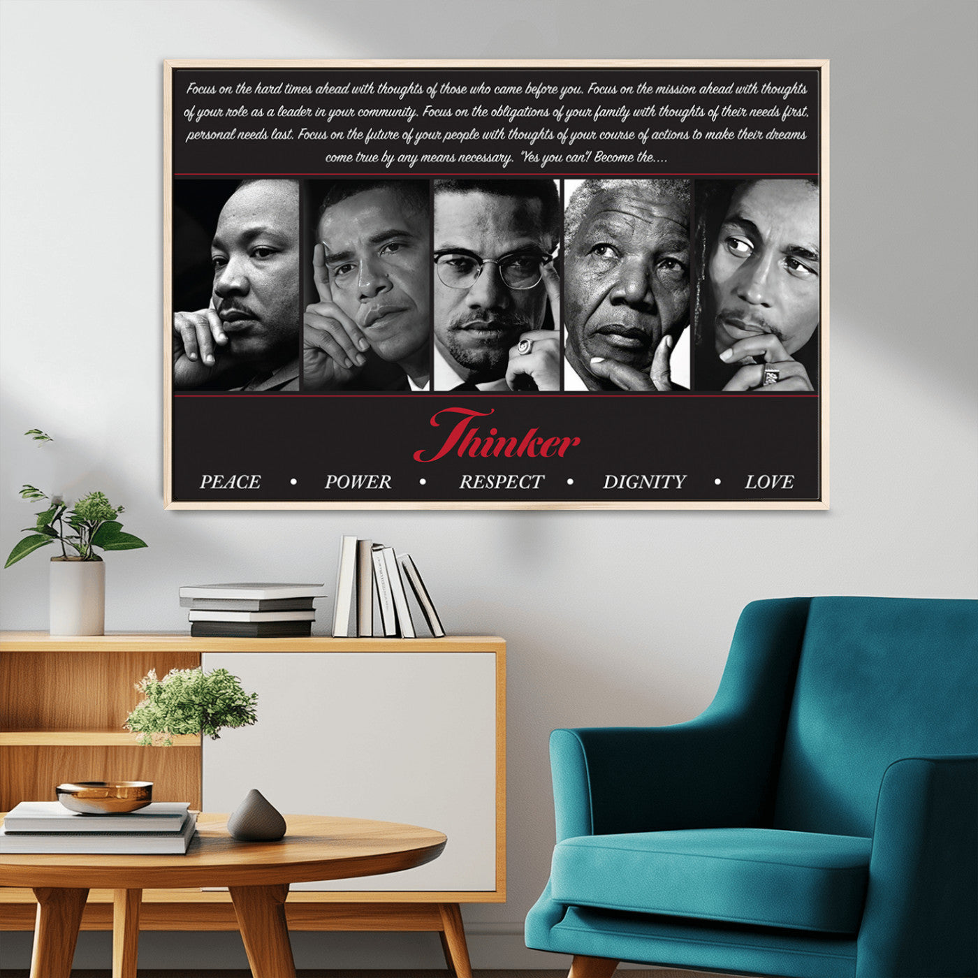 MGV-FC-36X24 - Thinker Quintet Canvas Wall Art – Martin, Obama, Malcolm X, Mandela, Marley Featuring Peace, Power,