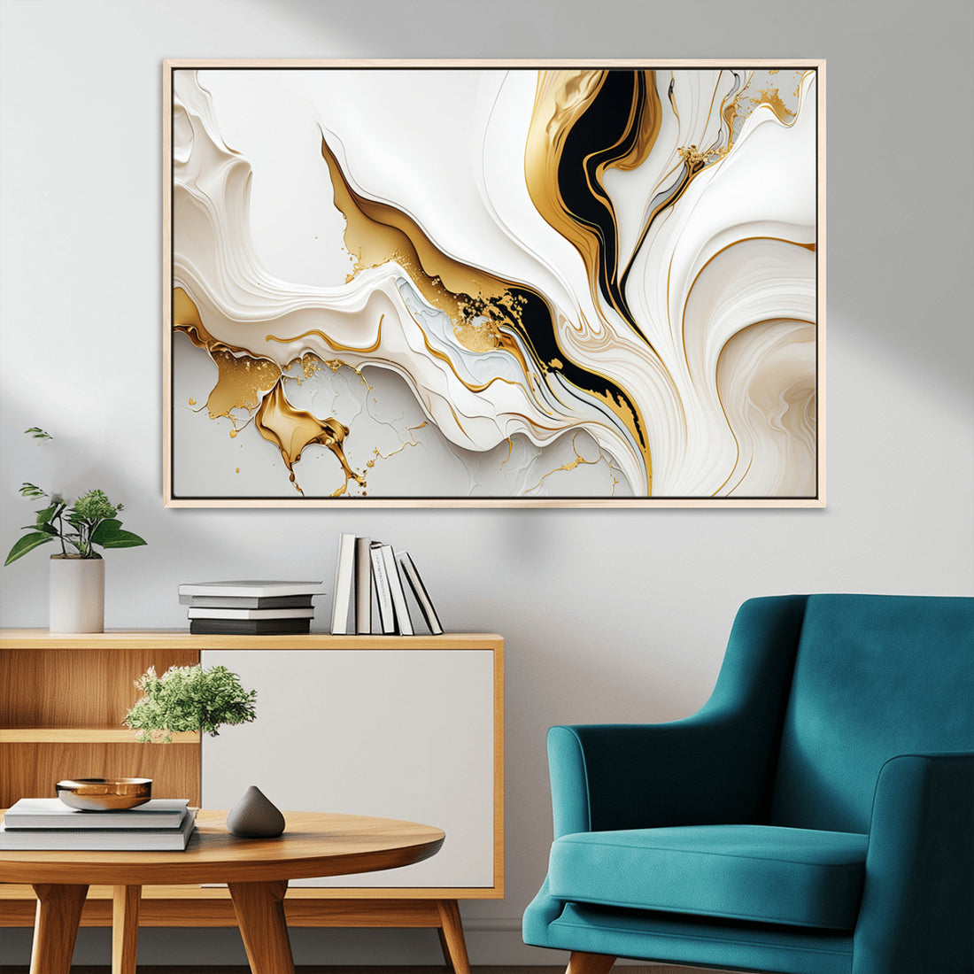 Gold Waves on Pure White Canvas, Gold Abstract Art for Modern Interiors