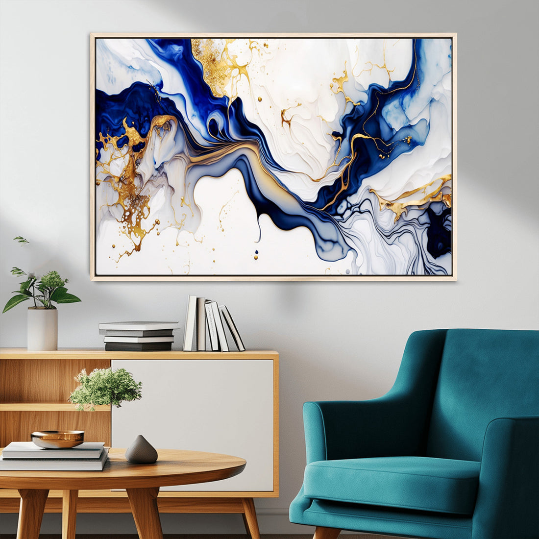 Golden Cascades on Midnight Blue, Deep Blue Abstract Wall Art Canvas Print