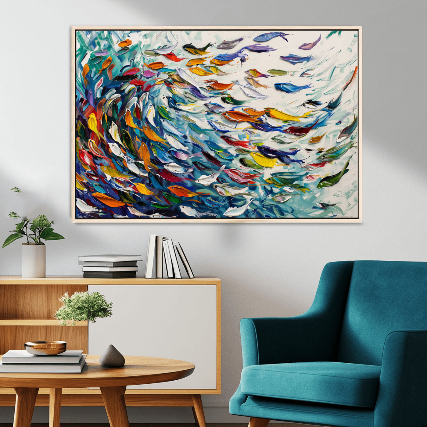 MGV-FC-36X24 - Modern Abstract Fish Shoal Wall Art Canvas Print, Colorful Fish Herd Painting on Canvas Print, Ocean