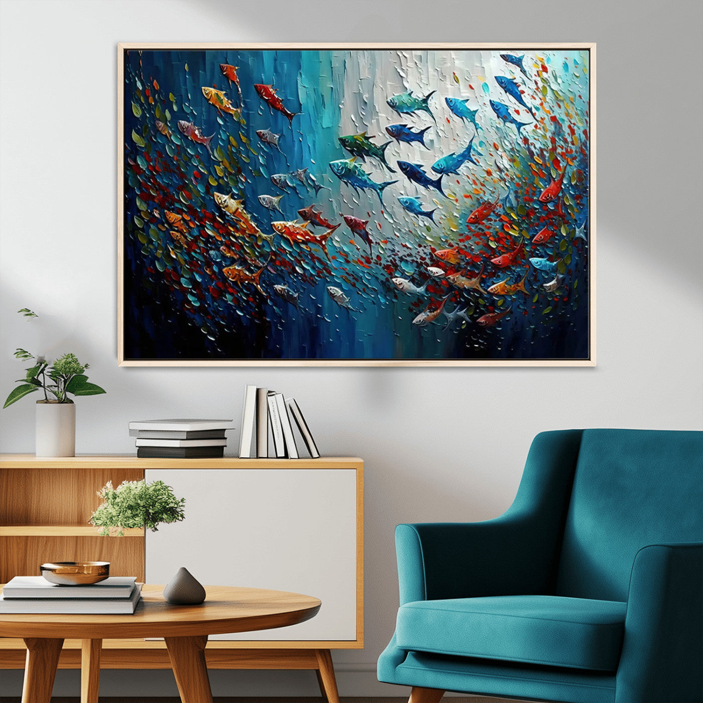 MGV-FC-36X24 - Modern Abstract Fish Shoal Wall Art Canvas Print, Colorful Fish Herd Painting on Canvas Print, Ocean