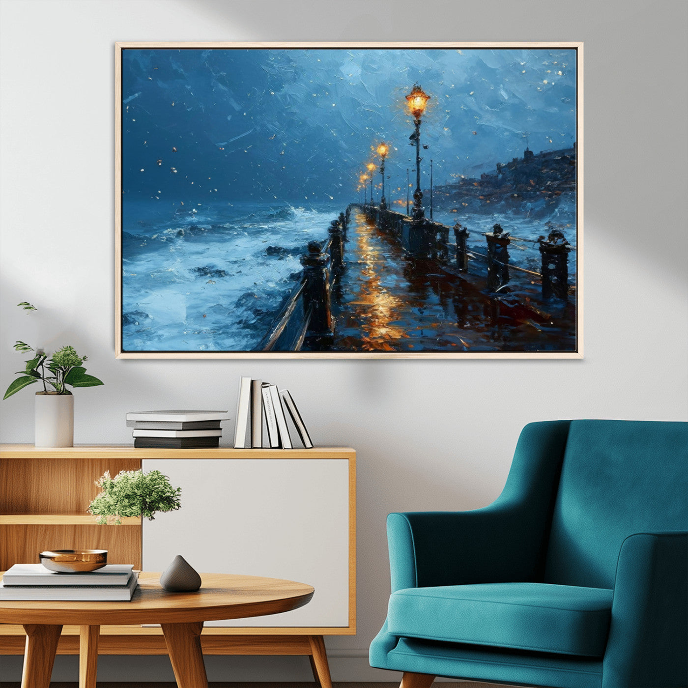MGV-FC-36X24 - Stormy Night at Beach Pier Oil Painting Large Wall Art Print, Framed Canvas Nature Wall Decor,