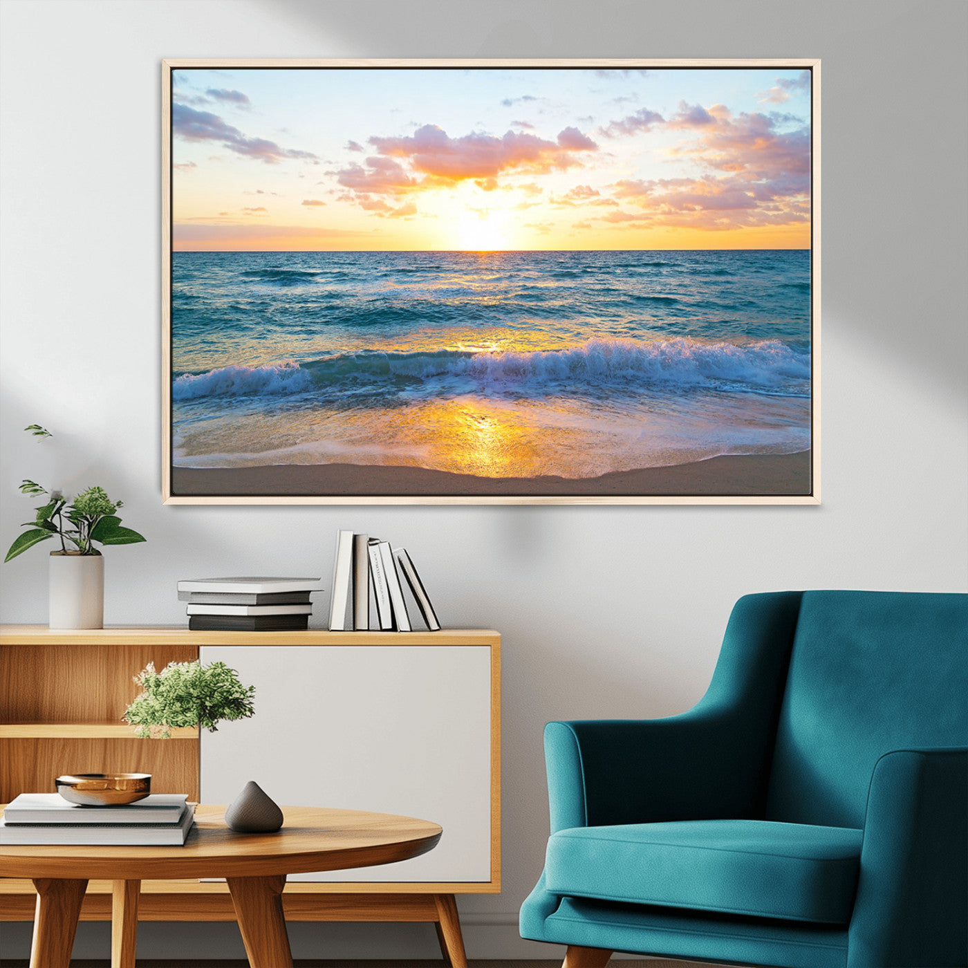 MGV-FC-36X24 - Golden Sunset Over Ocean Waves - Serene Coastal Triptych Wall Art for Relaxing Home Decor, Ready to